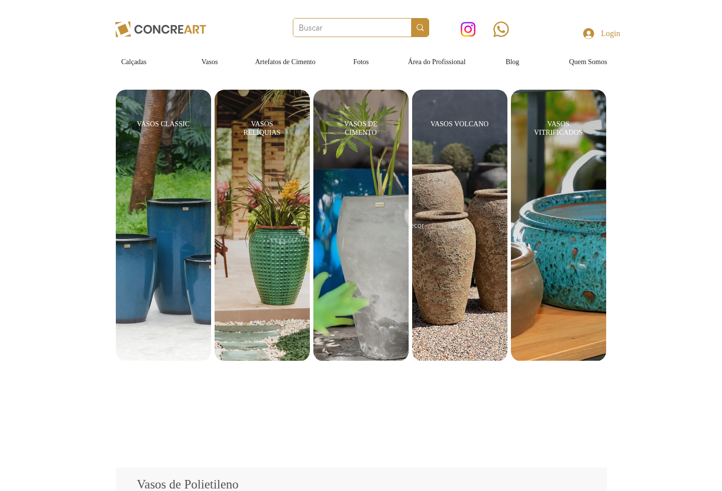 Captura pública do site Concreart com categorias de vasos por material e acabamento