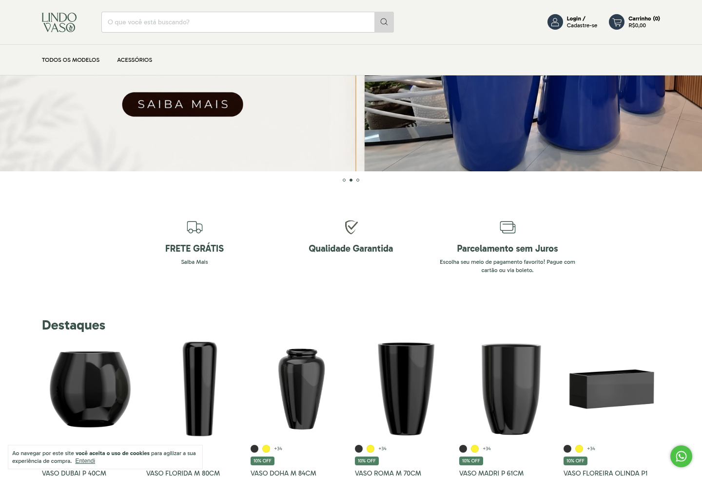 Captura pública do site Lindo Vaso com benefícios de compra e produtos em destaque